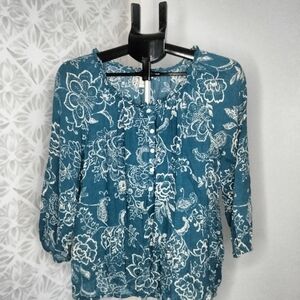 Lucky Brand Floral Blue Women's Peasant Blouse Boho